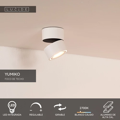 Lucide YUMIKO - Foco de techo - Ø 7,8 cm - LED Regul. - 1x10W 2700K - Blanco - USP